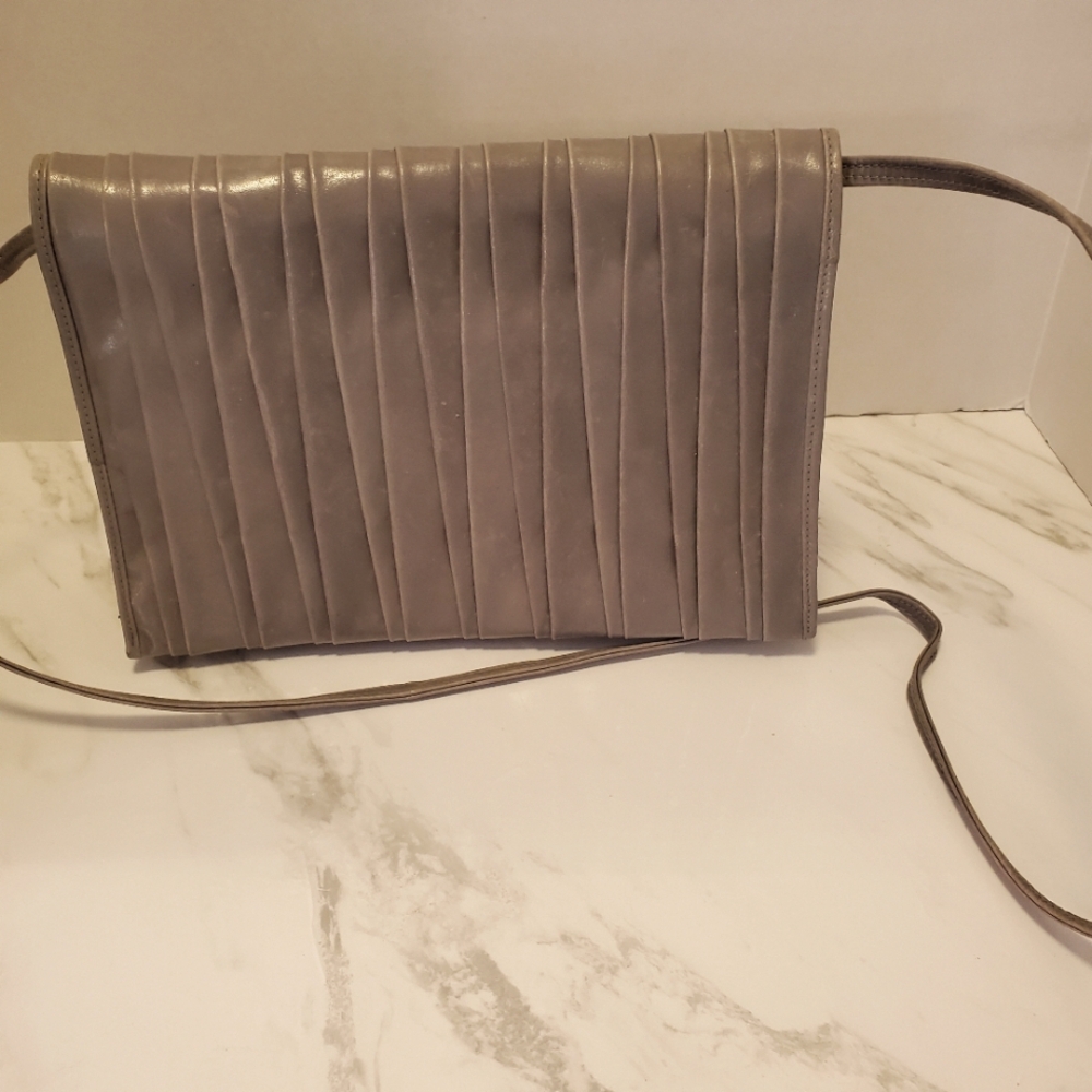New Gray Pleated Front All.Leather Shoulder Bag